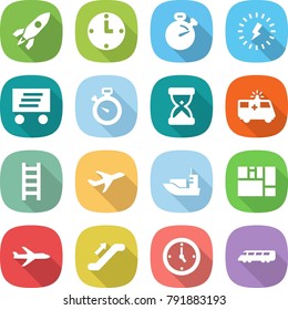 flat vector icon set - rocket vector, clock, stopwatch, lightning, delivery, sand, ambulance car, ladder, plane, sea shipping, consolidated cargo, escalator, watch, speed train