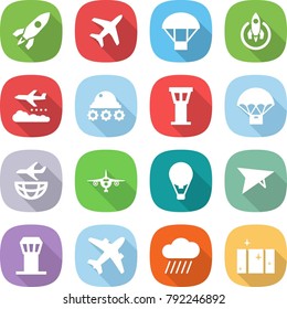 flat vector icon set - rocket vector, plane, parachute, weather management, lunar rover, airport tower, delivery, shipping, air ballon, deltaplane, airplane, rain cloud, clean window