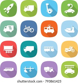 flat vector icon set - rocket vector, truck, gyroscooter, electric car, delivery, bike, ambulance, sea shipping, bus, motorcycle, speed train, plow, sweeper, wash