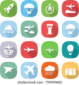 flat vector icon set - rocket vector, parachute, weather management, lunar rover, journey, airport tower, delivery, plane shipping, air ballon, deltaplane, airplane, rain cloud, clean window
