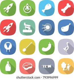 flat vector icon set - rocket vector, chicken leg, bone, aquapark, satellite, sheep, shovel, eggplant, goose, cleanser, sponge with foam, drying clothes, garden cleaning