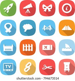 flat vector icon set - rocket vector, telescope, bow, info, medical harness, brain, bridge, pyramid, gothic architecture, fence, ticket, shark flipper, tv, link, scissors, hive