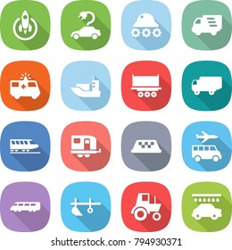 flat vector icon set - rocket vector, electric car, lunar rover, delivery, ambulance, sea shipping, truck, train, trailer, taxi, transfer, speed, plow, tractor, wash