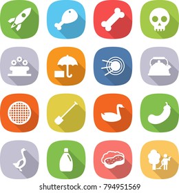 flat vector icon set - rocket vector, chicken leg, bone, skull, flower bed, insurance, satellite, kettle, sieve, shovel, goose, eggplant, cleanser, sponge with foam, garden cleaning