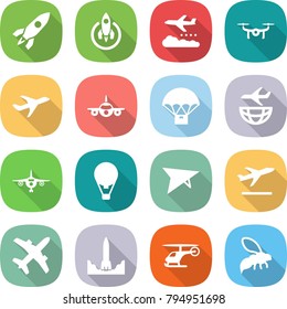 flat vector icon set - rocket vector, weather management, drone, plane, parachute delivery, shipping, air ballon, deltaplane, departure, start, helicopter, wasp