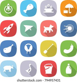 flat vector icon set - rocket vector, chicken leg, flower bed, insurance, deltaplane, dog, satellite, sheep, shovel, eggplant, goose, foam bucket, cleanser