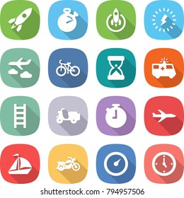 flat vector icon set - rocket vector, stopwatch, lightning, journey, bike, sand clock, ambulance car, ladder, scooter shipping, plane, sail boat, motorcycle, barometer, watch