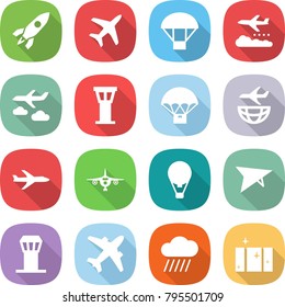 flat vector icon set - rocket vector, plane, parachute, weather management, journey, airport tower, delivery, shipping, air ballon, deltaplane, airplane, rain cloud, clean window