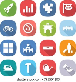 flat vector icon set - rocket vector, graph, puzzle, shop signboard, bike, microbe, arch, bridge, window, fort, level, passenger, iron, hammer, watering can, wiping