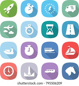 flat vector icon set - rocket vector, stopwatch, lightning, delivery, journey, sand clock, road, sea shipping, train, sail boat, watch, start, speed, horse