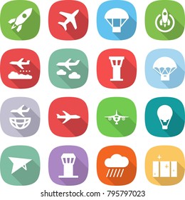 flat vector icon set - rocket vector, plane, parachute, weather management, journey, airport tower, delivery, shipping, air ballon, deltaplane, rain cloud, clean window
