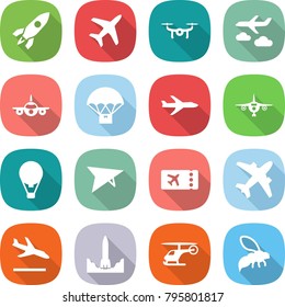 flat vector icon set - rocket vector, plane, drone, journey, parachute delivery, air ballon, deltaplane, ticket, airplane, arrival, start, helicopter, wasp