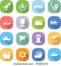 flat vector icon set - rocket vector, bridge, route, plane, fragile, train, car baggage, deltaplane, airport tower, departure, reception, handwheel, cruise ship, yacht