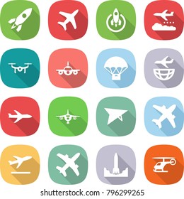 flat vector icon set - rocket vector, plane, weather management, drone, parachute delivery, shipping, deltaplane, airplane, departure, start, helicopter