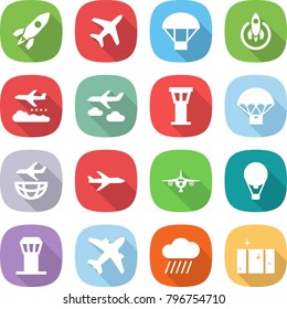 flat vector icon set - rocket vector, plane, parachute, weather management, journey, airport tower, delivery, shipping, air ballon, airplane, rain cloud, clean window