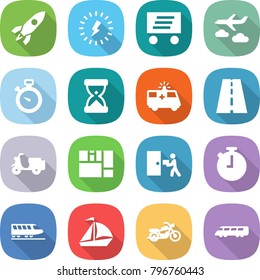 flat vector icon set - rocket vector, lightning, delivery, journey, stopwatch, sand clock, ambulance car, road, scooter shipping, consolidated cargo, courier, train, sail boat, motorcycle, speed
