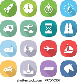 flat vector icon set - rocket vector, clock, lightning, delivery, journey, sand, road, sea shipping, scooter, plane, sail boat, motorcycle, start, speed train, horse