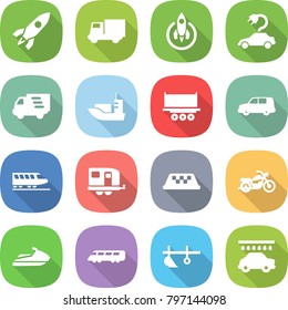 flat vector icon set - rocket vector, truck, electric car, delivery, sea shipping, train, trailer, taxi, motorcycle, jet ski, speed, plow, wash