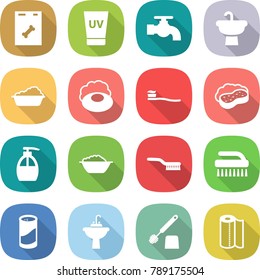 flat vector icon set - roentgen vector, uv cream, water tap, sink, washing, soap, tooth brush, sponge with foam, liquid, basin, cleanser powder, toilet, paper towel