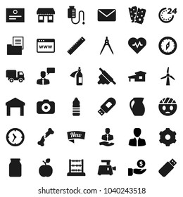 Flat vector icon set - rolling pin vector, jug, jar, ruler, drawing compass, apple fruit, certificate, abacus, manager, investment, heart pulse, water bottle, breads, office, client, clock, camera