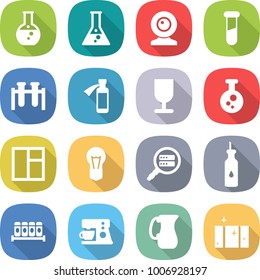 flat vector icon set - round flask vector, web cam, test vial, potion bottle, fragile, chemical, window, bulb, data search, vegetable oil, spices, coffee maker, jug, clean