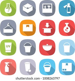 flat vector icon set - round flask vector, box, tools, potion bottle, loading crane, package, chemical, uv cream, bucket, cauldron, sprayer, trash bin