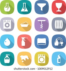 flat vector icon set - round flask vector, funnel, wineglass, washing machine, corkscrew, barrel, drop, sprayer, sponge, dish cleanser, liquid soap, spot, toilet