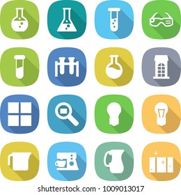 flat vector icon set - round flask vector, vial, smart glasses, test, building, window, cargo search, bulb, measuring cup, coffee maker, jug, clean