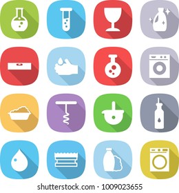 flat vector icon set - round flask vector, vial, wineglass, cleanser, level, acid, chemical, washing machine, corkscrew, ladle, vegetable oil, drop, sponge, shampoo