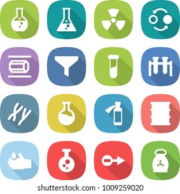 flat vector icon set - round flask vector, nuclear, quantum bond, nano tube, funnel, test vial, chromosomes, potion bottle, barrel, acid, chemical, electron, fertilizer