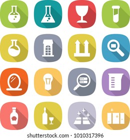 flat vector icon set - round flask vector, wineglass, test vial, building, cargo top sign, search, mirror, bulb, data, measuring cup, ketchup, wine, clean floor, window