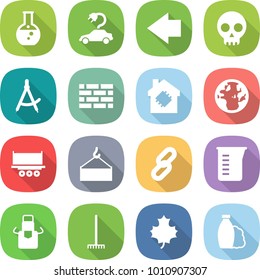 flat vector icon set - round flask vector, electric car, left arrow, skull, draw compass, brick wall, smart house, globe, truck shipping, loading crane, link, measuring cup, apron, rake, maple leaf