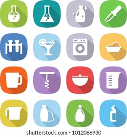 flat vector icon set - round flask vector, cleanser, pipette, test vial, cocktail, washing machine, cup, corkscrew, cauldron, measuring, shampoo, toilet