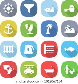 flat vector icon set - round around vector, funnel, sea shipping, port, anchor, broken, palm, surfer, radiator, kettle, watering, fish, wiping, car wash, bath, toilet cleaning