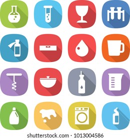 flat vector icon set - round flask vector, vial, wineglass, test, potion bottle, level, drop, cup, corkscrew, cauldron, vegetable oil, measuring, cleanser, spot, washing machine, toilet