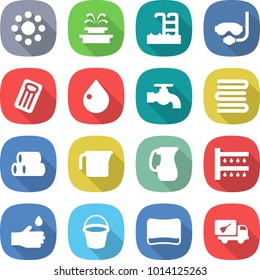 flat vector icon set - round around vector, fountain, pool, diving mask, inflatable mattress, drop, water tap, towels, pipes, measuring cup, jug, watering, hand, bucket, sponge, home call cleaning
