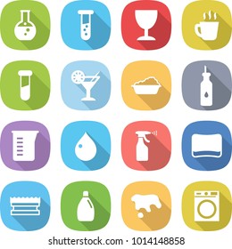 flat vector icon set - round flask vector, vial, wineglass, hot drink, test, cocktail, washing, vegetable oil, measuring cup, drop, sprayer, sponge, cleanser, spot, machine