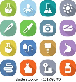 flat vector icon set - round flask vector, virus, around, medical thermometer, pipette, doctor case, pill, dropper, tooth implant, stomach, intestines, hospital recieption, warehouse scales