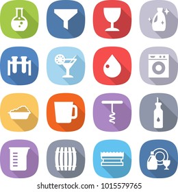 flat vector icon set - round flask vector, funnel, wineglass, cleanser, test vial, cocktail, drop, washing machine, cup, corkscrew, vegetable oil, measuring, barrel, sponge, dish