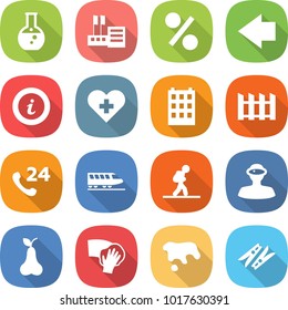 flat vector icon set - round flask vector, store, percent, left arrow, info, heart cross, building, fence, phone 24, train, tourist, vr helmet, pear, wiping, spot, clothespin