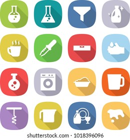 flat vector icon set - round flask vector, funnel, cleanser, hot drink, pipette, level, acid, chemical, washing machine, cup, corkscrew, measuring, dish, spot