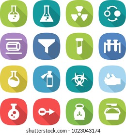 flat vector icon set - round flask vector, nuclear, quantum bond, nano tube, funnel, test vial, potion bottle, biohazard, acid, chemical, electron, fertilizer, washing powder