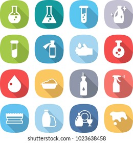 flat vector icon set - round flask vector, vial, cleanser, test, potion bottle, acid, chemical, drop, washing, vegetable oil, sprayer, sponge, shampoo, dish, spot