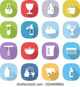 flat vector icon set - round flask vector, wineglass, cleanser, hot drink, test vial, potion bottle, acid, cocktail, corkscrew, cauldron, measuring cup, sponge, shampoo, dish, spot, toilet