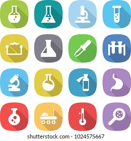 flat vector icon set - round flask vector, microscope, vial, electrostatic, pipette, test, potion bottle, stomach, chemical, lunar rover, thermometer, viruses