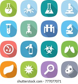 flat vector icon set - round flask vector, virus, microscope, vial, dna modify, test, microbe, potion bottle, biohazard, lungs, liver, viruses, microb
