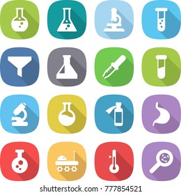 flat vector icon set - round flask vector, microscope, vial, funnel, pipette, test, potion bottle, stomach, chemical, lunar rover, thermometer, viruses