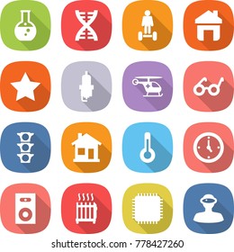 flat vector icon set - round flask vector, dna, hoverboard, home, star, spark plug, ambulance helicopter, pacemaker, traffic light, thermometer, watch, speaker, radiator, cpu, vr helmet