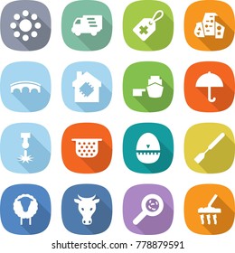 flat vector icon set - round around vector, delivery, medical label, modern architecture, bridge, smart house, port, dry cargo, laser, colander, egg timer, spatula, sheep, cow, viruses