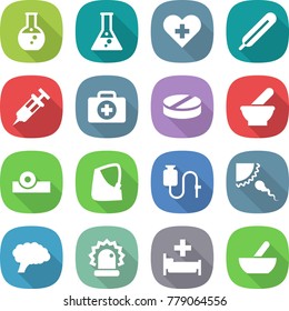 flat vector icon set - round flask vector, heart cross, medical thermometer, syringe, doctor case, pill, mortar, head reflector, broken hand, dropper, sperm, brain, alarm, hospital